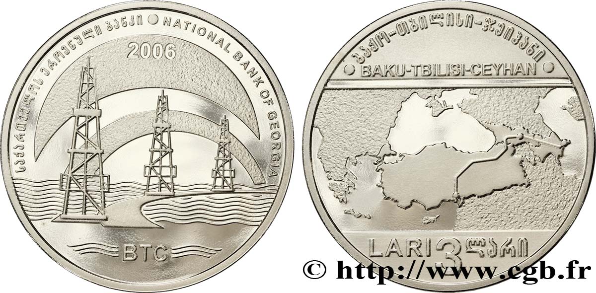GEORGIEN 3 Lari oléoduc Bakou - Tbilissi - Ceyhan : carte / 3 puits de pétrole 2006 Mennica Polska ST 