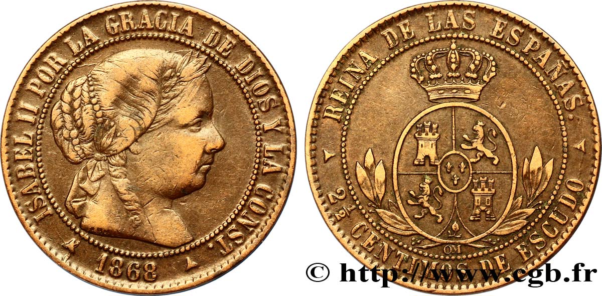 SPANIEN 2 1/2 Centimos de Escudo Isabelle II 1868 Oeschger Mesdach & CO SS 