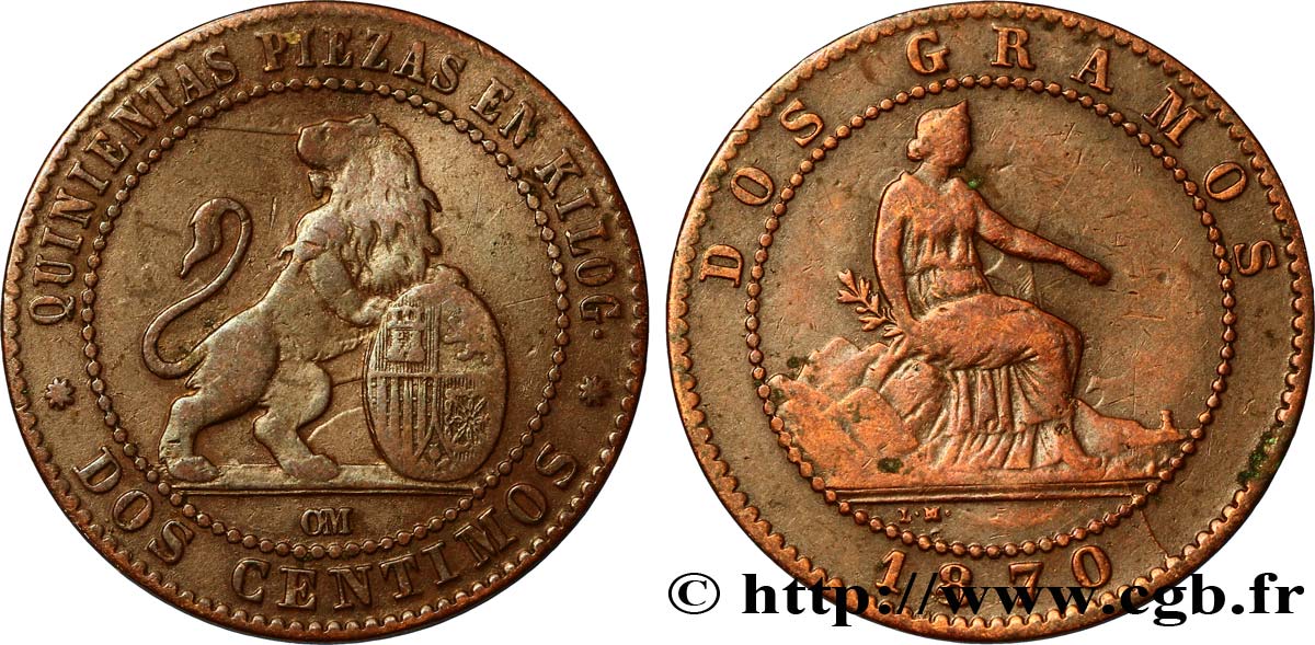 SPAIN 2 Centimos monnayage provisoire 1870 Oeschger Mesdach & CO VF 