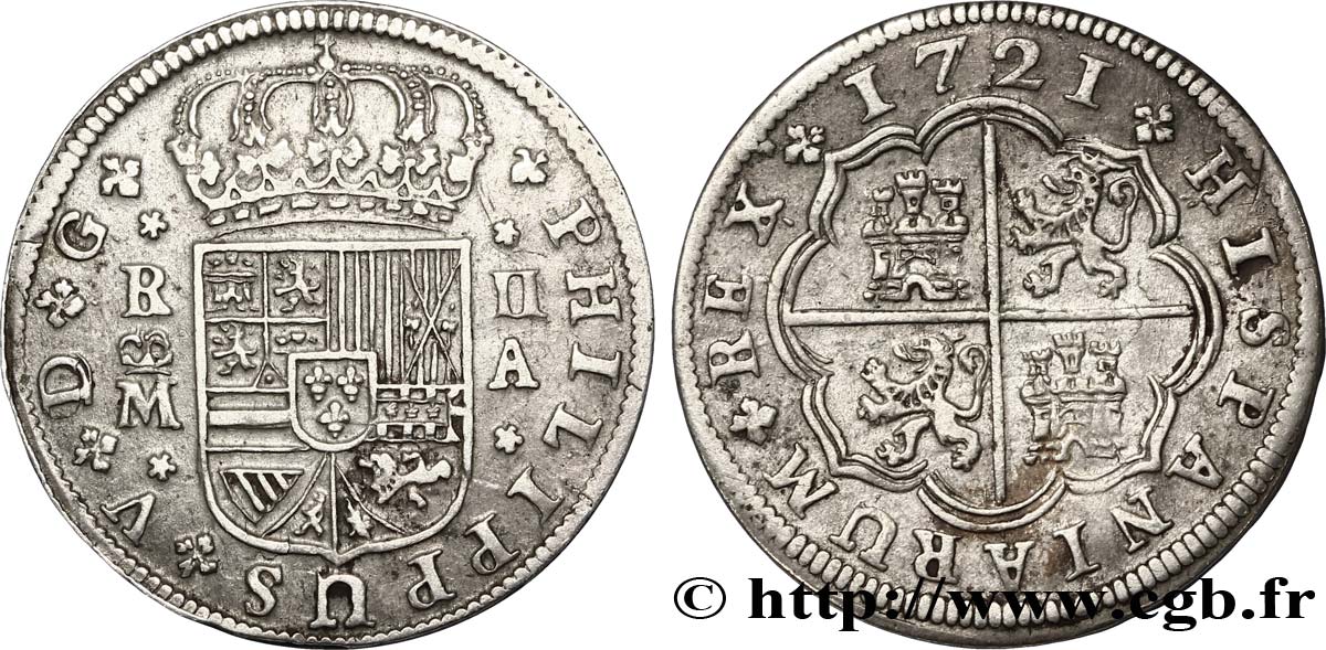 SPANIEN 2 Reales au nom de Philippe V 1721 Madrid SS 