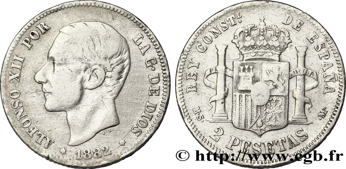 ESPAÑA 2 Pesetas Alphonse XII / emblème couronné (1882) 1882  BC 