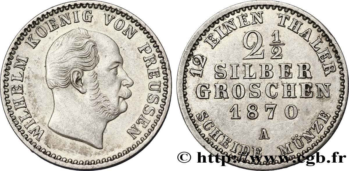 GERMANY - PRUSSIA 2 1/2 Silbergroschen Royaume de Prusse Guillaume Ier 1870 Berlin AU 
