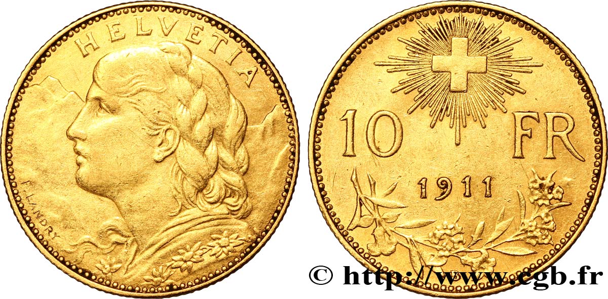 SUIZA 10 Francs or  Vreneli  Buste diadémé d Helvetia / Croix suisse 1911 Berne - B MBC 