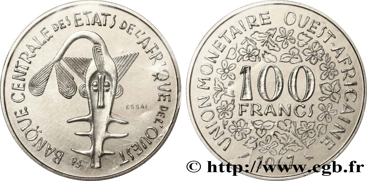 WEST AFRICAN STATES (BCEAO) Essai de 100 Francs masque sous sachet d’origine sans liseré tricolore 1967 Paris MS 