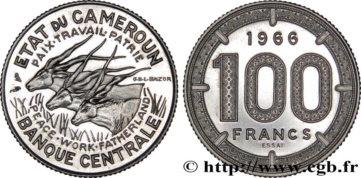 CAMEROON Essai de 100 Francs Etat du Cameroun, commémoration de l’indépendance, antilopes 1966 Paris MS 