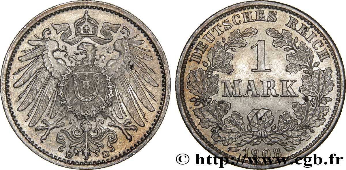 ALEMANIA 1 Mark Empire aigle impérial 2e type 1908 Munich - D EBC 