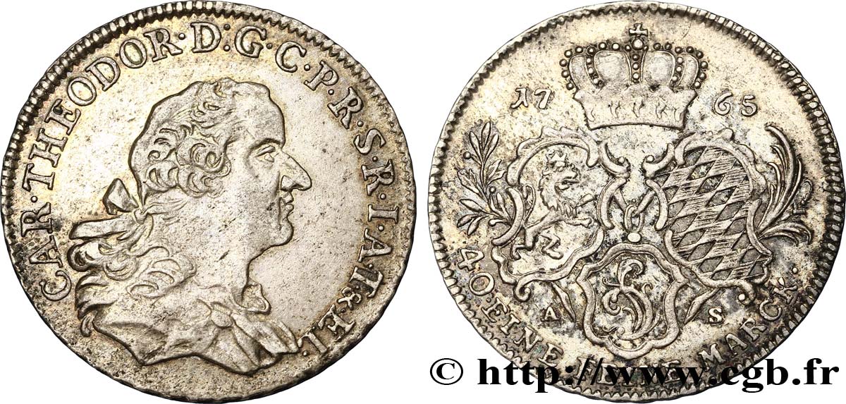 ALEMANIA - PALATINADO 1/4  Konventionthaler Charles Théodore IV / armes 1765  MBC+ 