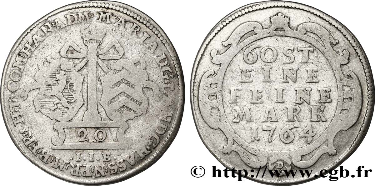 GERMANY - HANAU-MÜNZENBERG 20 Kreuzer au nom de Guillaume IX de Hesse sous la régence de Marie de Hanovre 1764  BC 