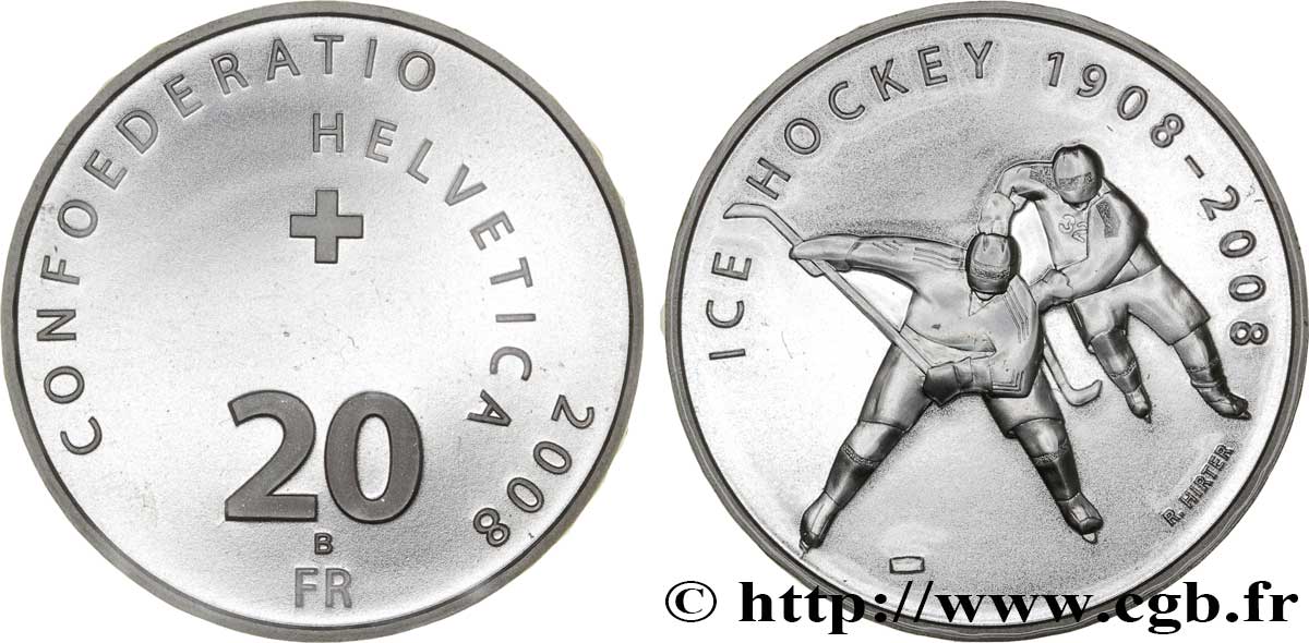 SWITZERLAND 20 Francs Centenaire du hockey sur glace 2008 Berne - B MS 