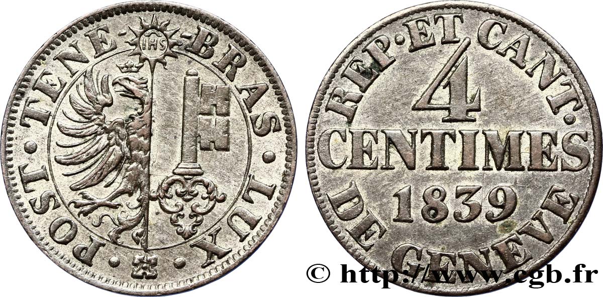 SCHWEIZ - REPUBLIK GENF 4 Centimes - Canton de Genève 1839  fVZ 