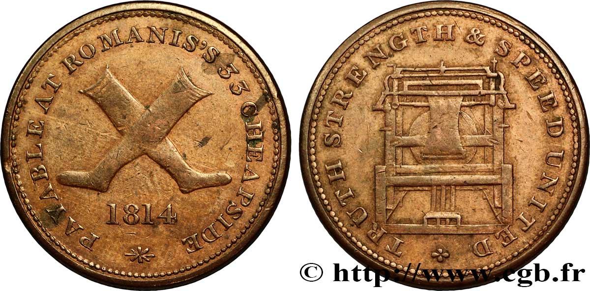 BRITISH TOKENS 1/2 Penny Londres (Middlesex) Romanis’s - paire de bas / métier à tisser 1814  AU 