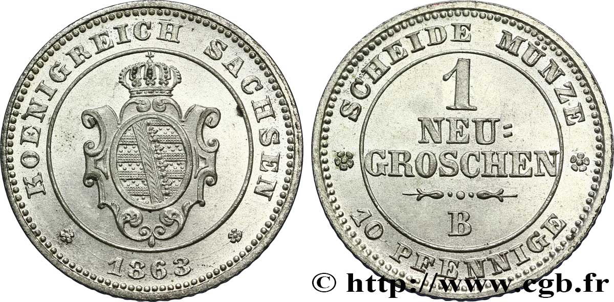 GERMANIA - SASSONIA 1 Neugroschen Royaume de Saxe, blason 1863 Dresde - B MS 