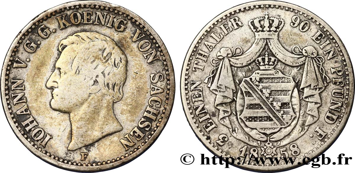 GERMANIA - SASSONIA 1/3 Thaler Royaume de Saxe, Johann roi de Saxe 1858  MB 