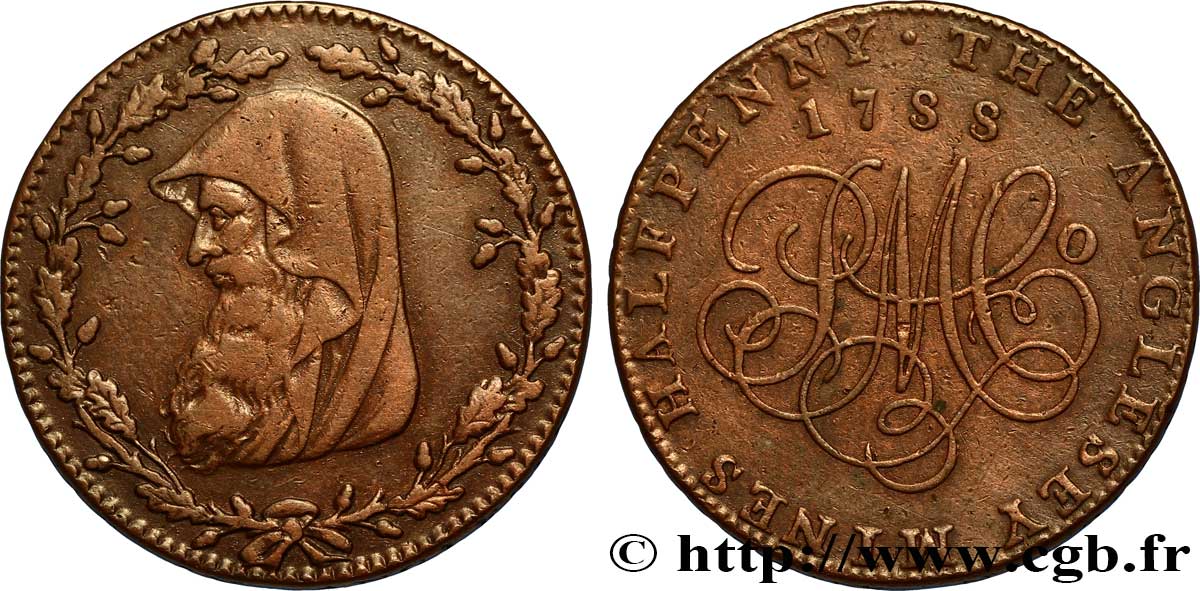 REINO UNIDO (TOKENS) 1/2 Penny Anglesey (Pays de Galles) druide / PM C° (Parys Mine Company), “on demand in London Liverpool or Anglesey” sur la tranche 1788  MBC 