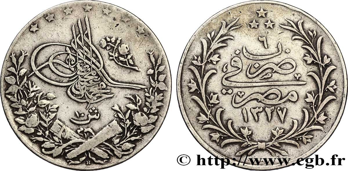 EGYPT 10 Qirsh Muhammad V AH 1327 an 6 1914 Heaton VF 