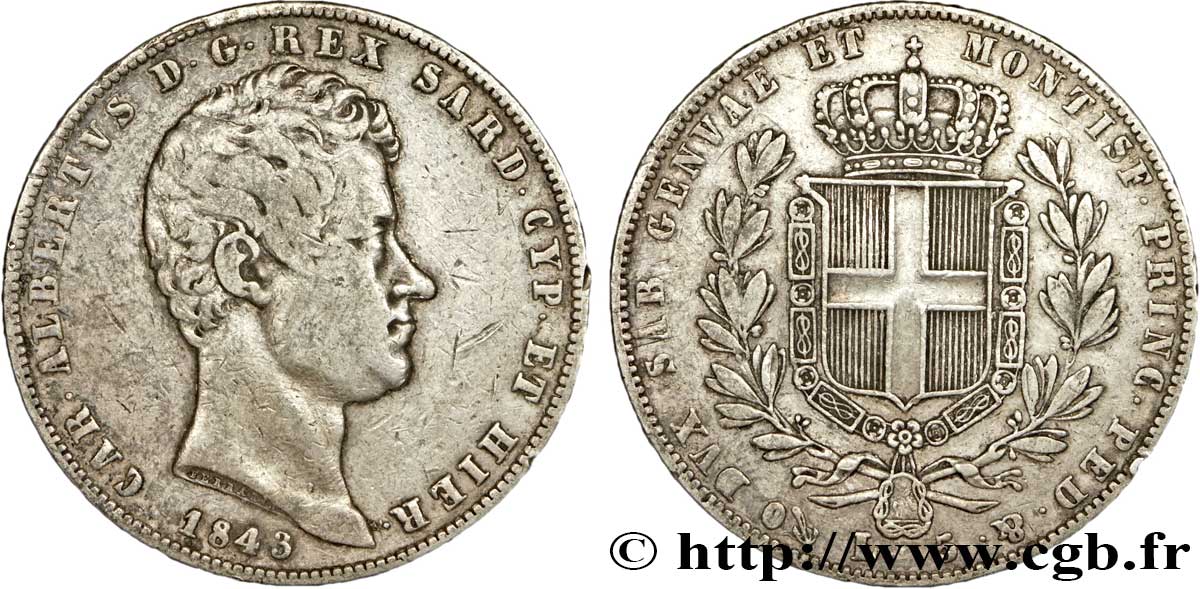 ITALIA - REINO DE CERDEÑA 5 Lire Charles Albert, roi de Sardaigne 1843 Gênes BC+ 