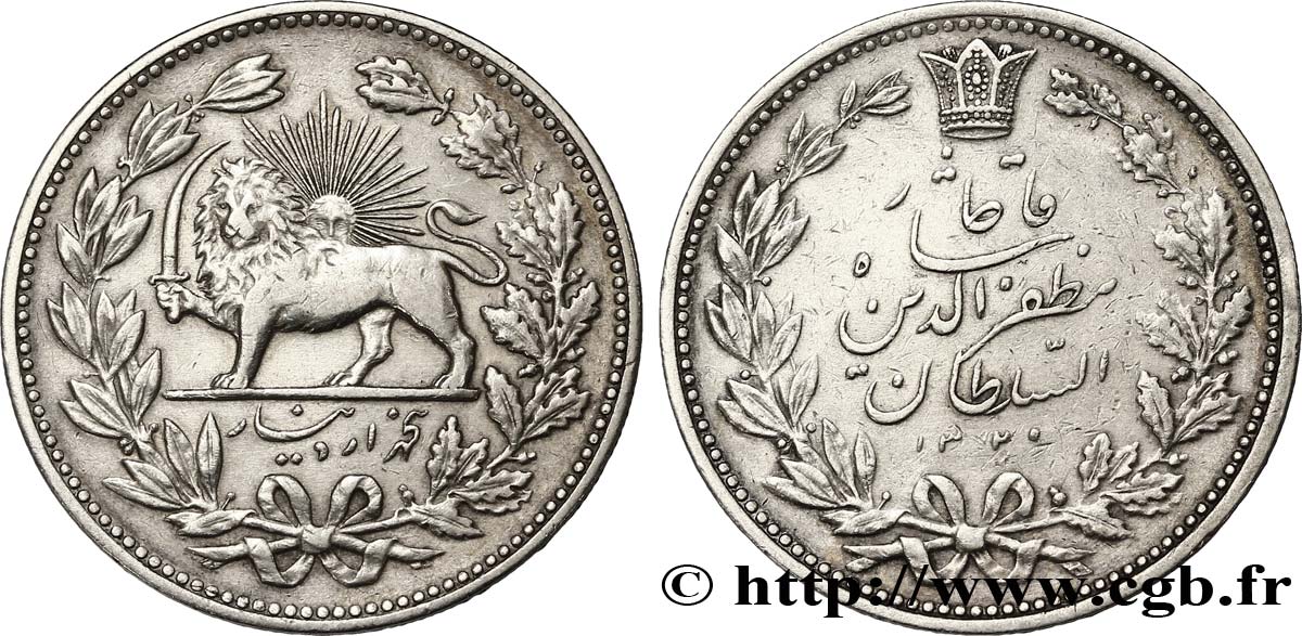 IRAN 5 Kran au nom de Muzaffar al-Din Shah lion iranien AH 1320 1902 Téhéran SPL 