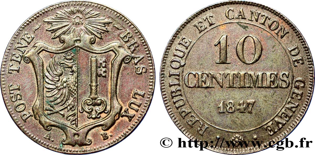 SWITZERLAND - REPUBLIC OF GENEVA 10 Centimes - Canton de Genève 1847  AU 