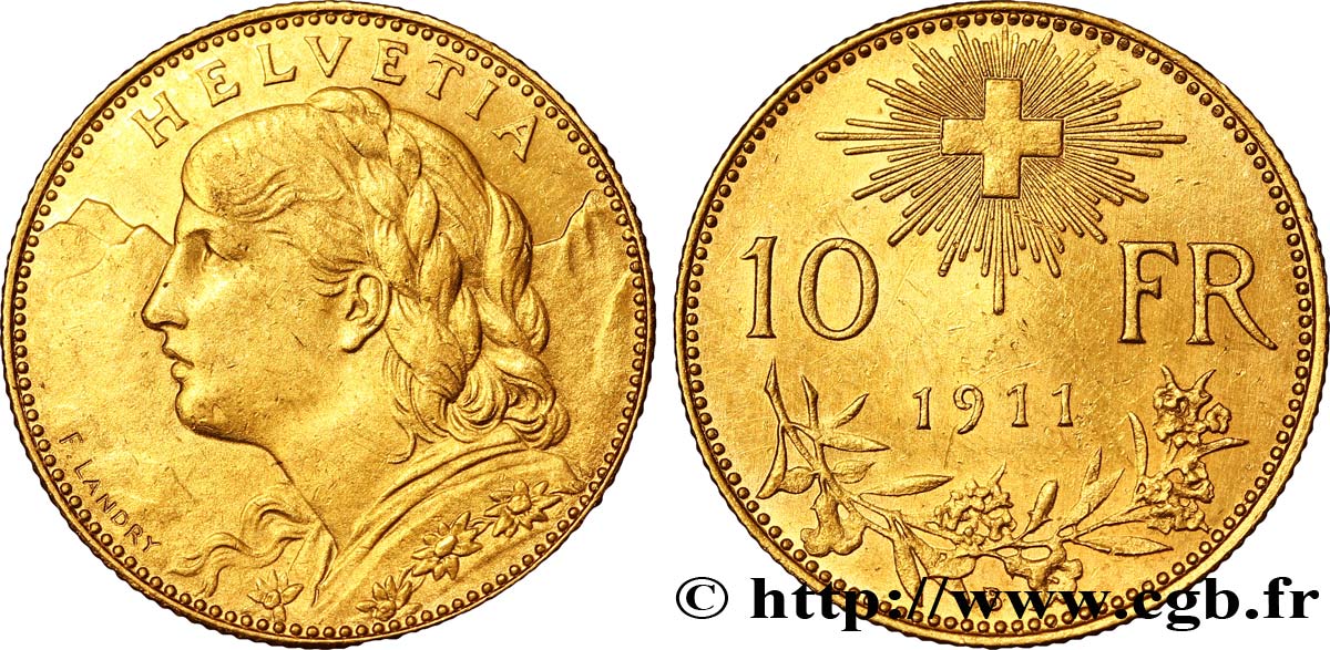 SWITZERLAND 10 Francs or  Vreneli  Buste diadémé d Helvetia / Croix suisse 1911 Berne - B AU 