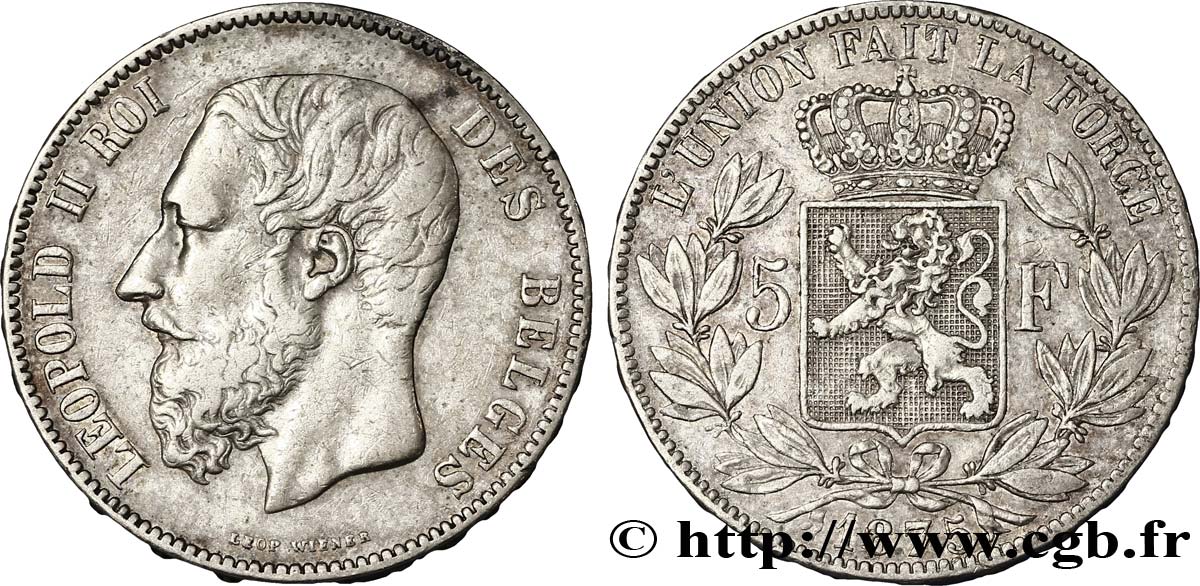 BELGIUM 5 Francs Léopold II / Écu couronné 1875  VF 