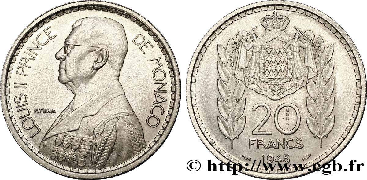 MONACO Essai de 20 Francs Louis II 1945 Paris MS 