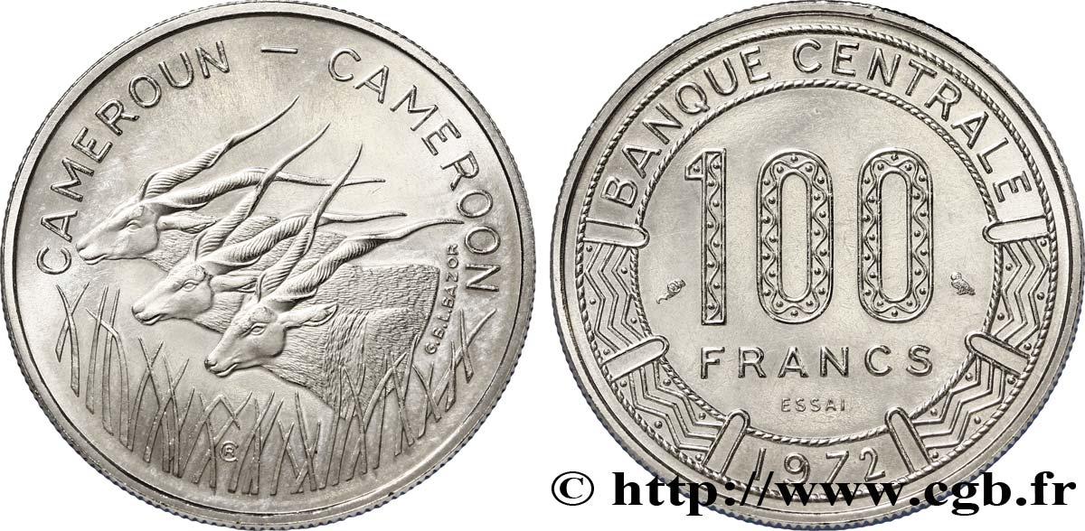 CAMERúN Essai de 100 Francs légende bilingue, type Banque Centrale, antilopes 1972 Paris SC 