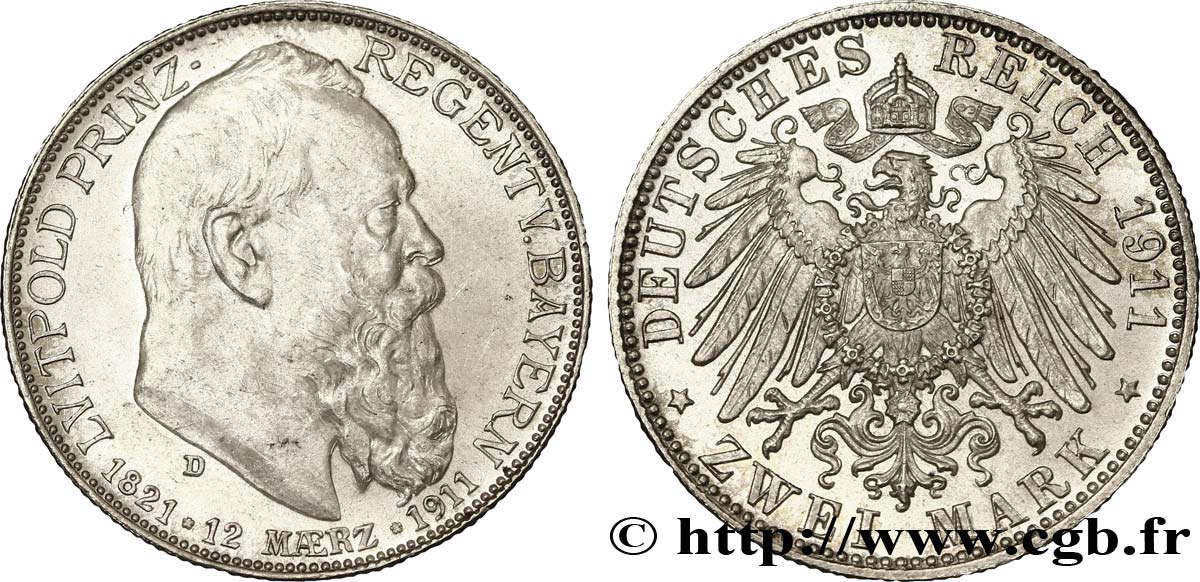 GERMANIA - BAVIERIA 2 Mark Léopold prince régent 1911 Munich - D SPL 