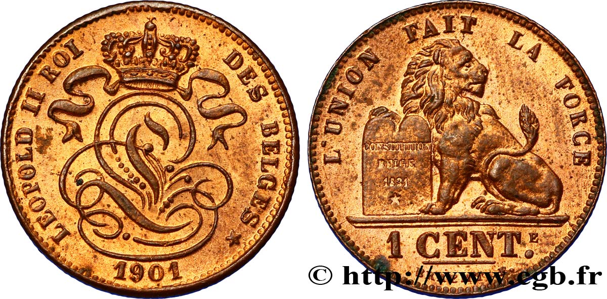 BÉLGICA 1 Centime lion monogramme de Léopold II légende en français 1901  SC 