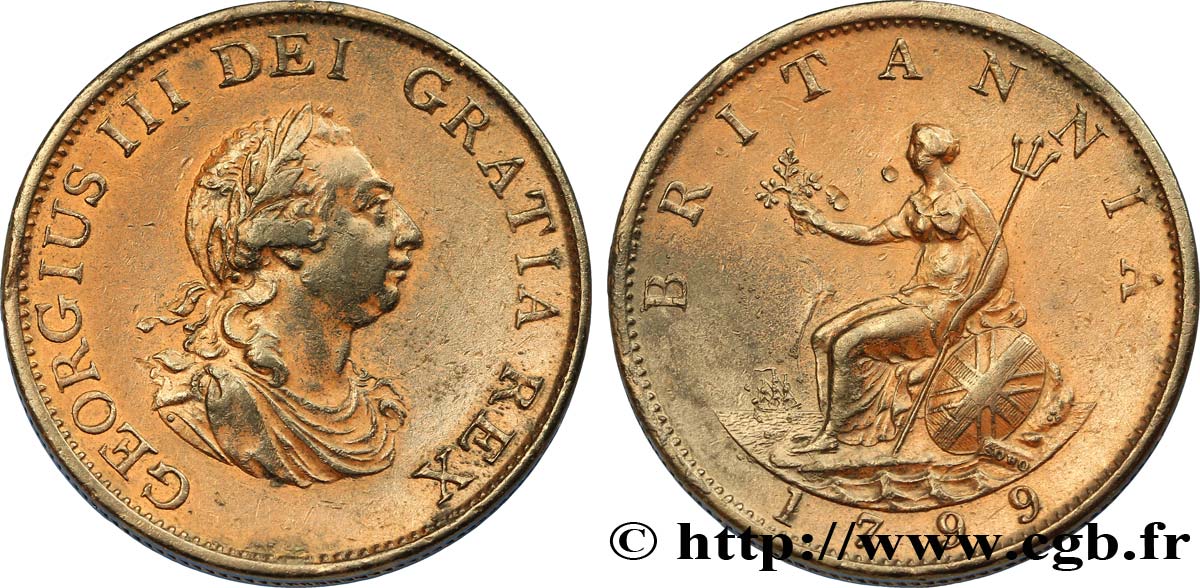 VEREINIGTEN KÖNIGREICH 1/2 Penny Georges III tête laurée / Britannia 1799 Soho SS 