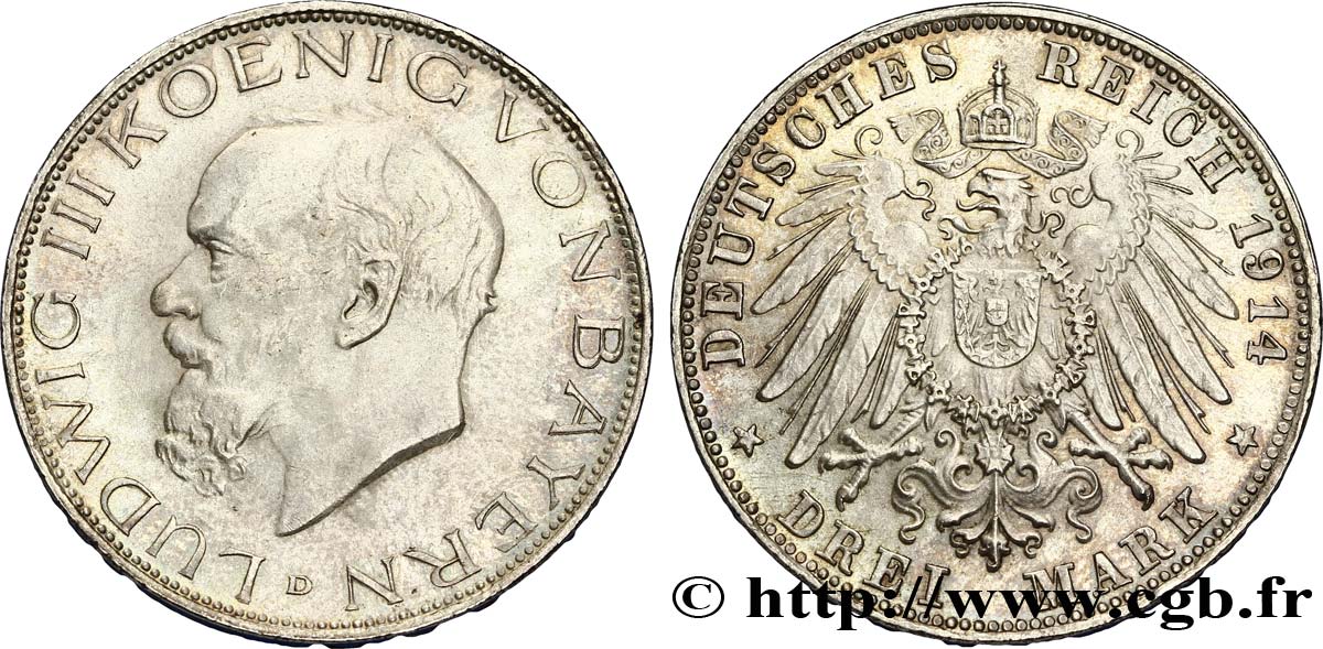 GERMANY - BAVARIA 3 Mark Louis III roi de Bavière / aigle impérial héraldique 1914 Munich - D MS 