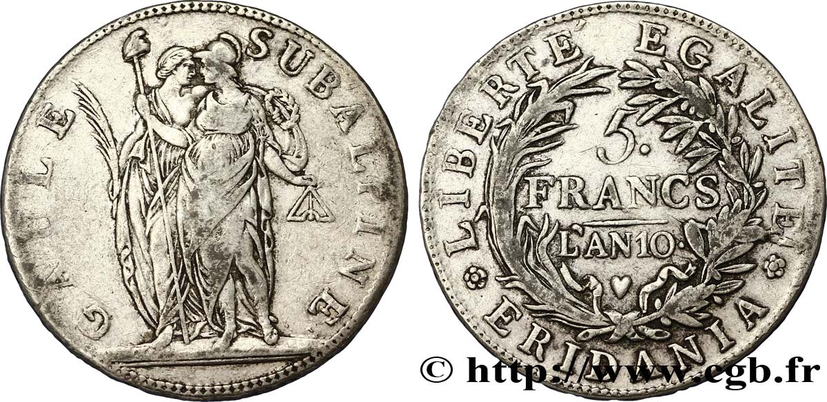 ITALIA - REPUBLICA SUBALPINA 5 Francs Gaule Subalpine figures allégoriques de la Gaule Subalpine et de la France 1801 an 10 Turin BC+ 