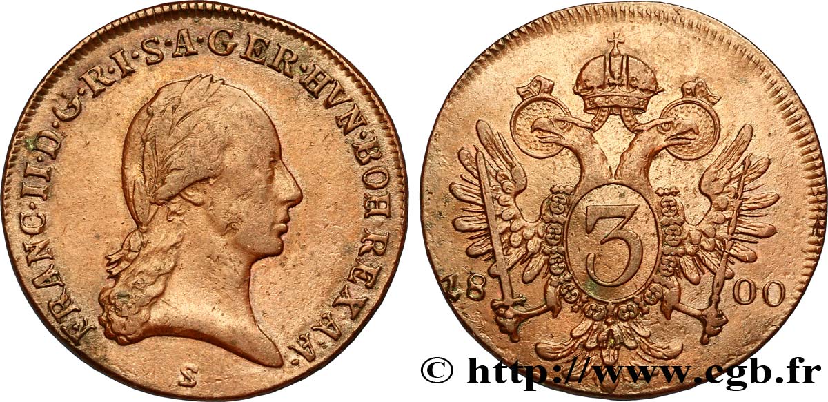 AUSTRIA 3 Kreuzer François II / aigle bicéphale 1800  BC+/MBC 
