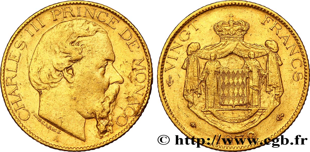MONACO 20 Francs or, Charles III / écu couronné, ancre barrée 1879 Paris BC+ 