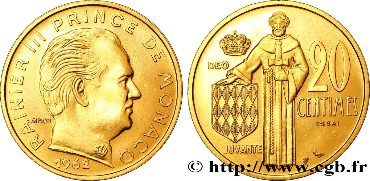 MONACO Essai de 20 Centimes OR prince Rainier III de Monaco 1962 Paris SPL 
