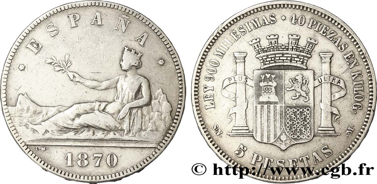 ESPAÑA 5 Pesetas “ESPAÑA” allongée (1870) / emblème 1870 Madrid BC+ 