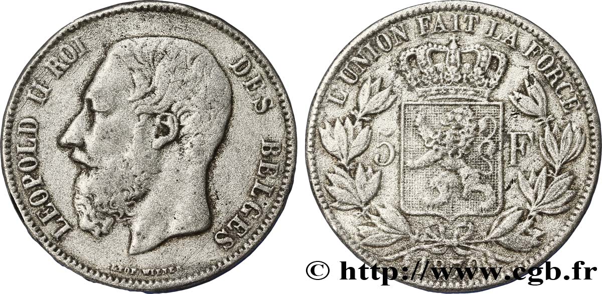 BELGIQUE Faux 5 Francs Léopold II en étain 1870  TB 