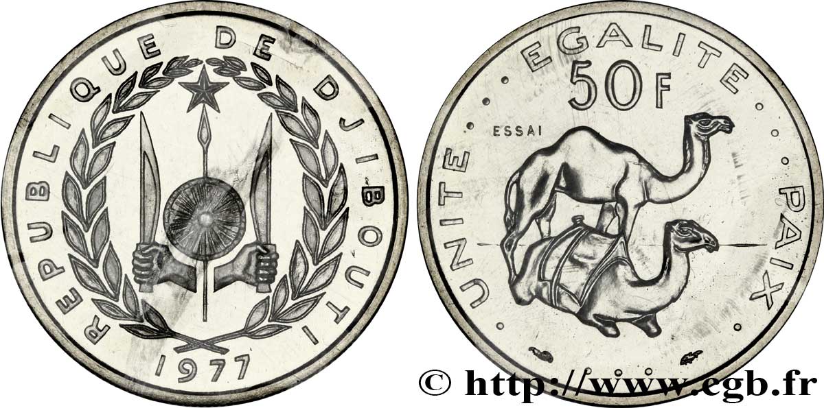 DJIBOUTI Essai de 50 Francs  emblème / dromadaires 1977 Paris MS70 