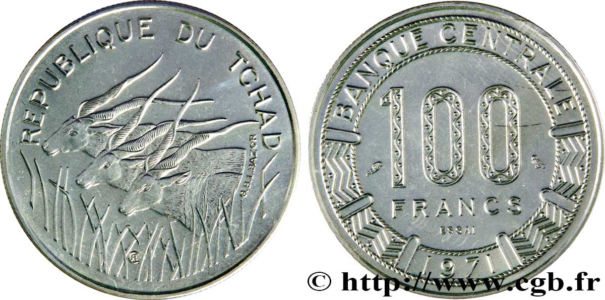 CHAD Essai de 100 Francs type “Banque Centrale”, antilopes 1971 Paris FDC 