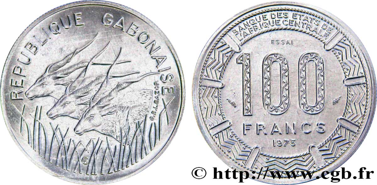 GABUN Essai de 100 Francs type “BCEAC”, antilopes 1975 Paris ST 