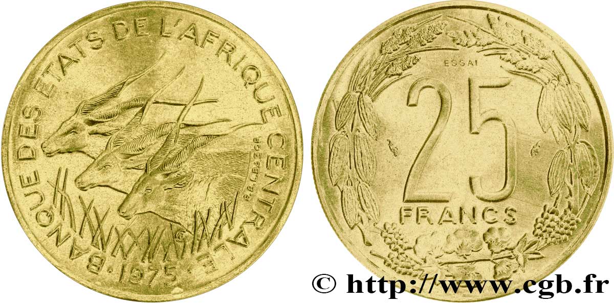 ZENTRALAFRIKANISCHE LÄNDER Essai de 25 Francs grandes antilopes 1975 Paris ST70 