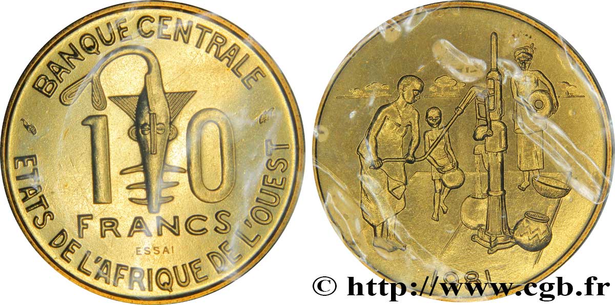 WEST AFRICAN STATES (BCEAO) Essai de 10 Francs masque / femme et enfants au puits 1981 Paris MS 