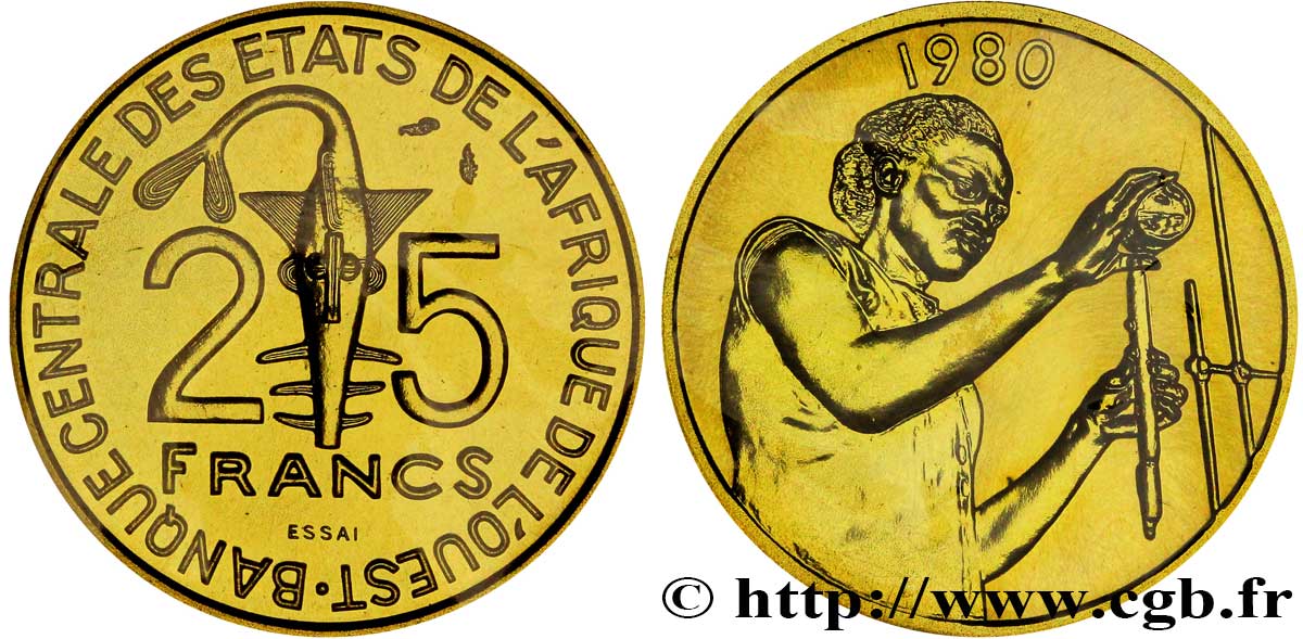 ÉTATS DE L AFRIQUE DE L OUEST (BCEAO) Essai de 25 Francs masque / femme F.A.O. 1980 Paris FDC 