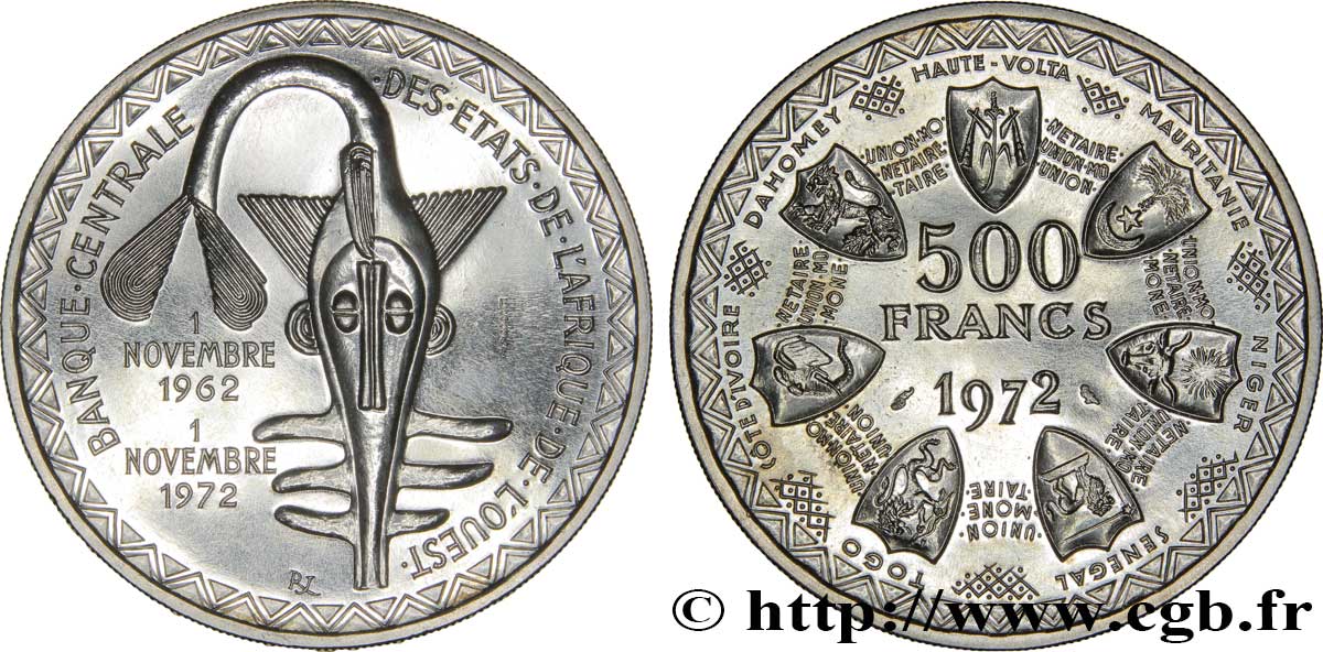WESTAFRIKANISCHE LÄNDER Essai 500 Francs masque / emblème des pays de l’Union Monétaire 1972 Paris ST 