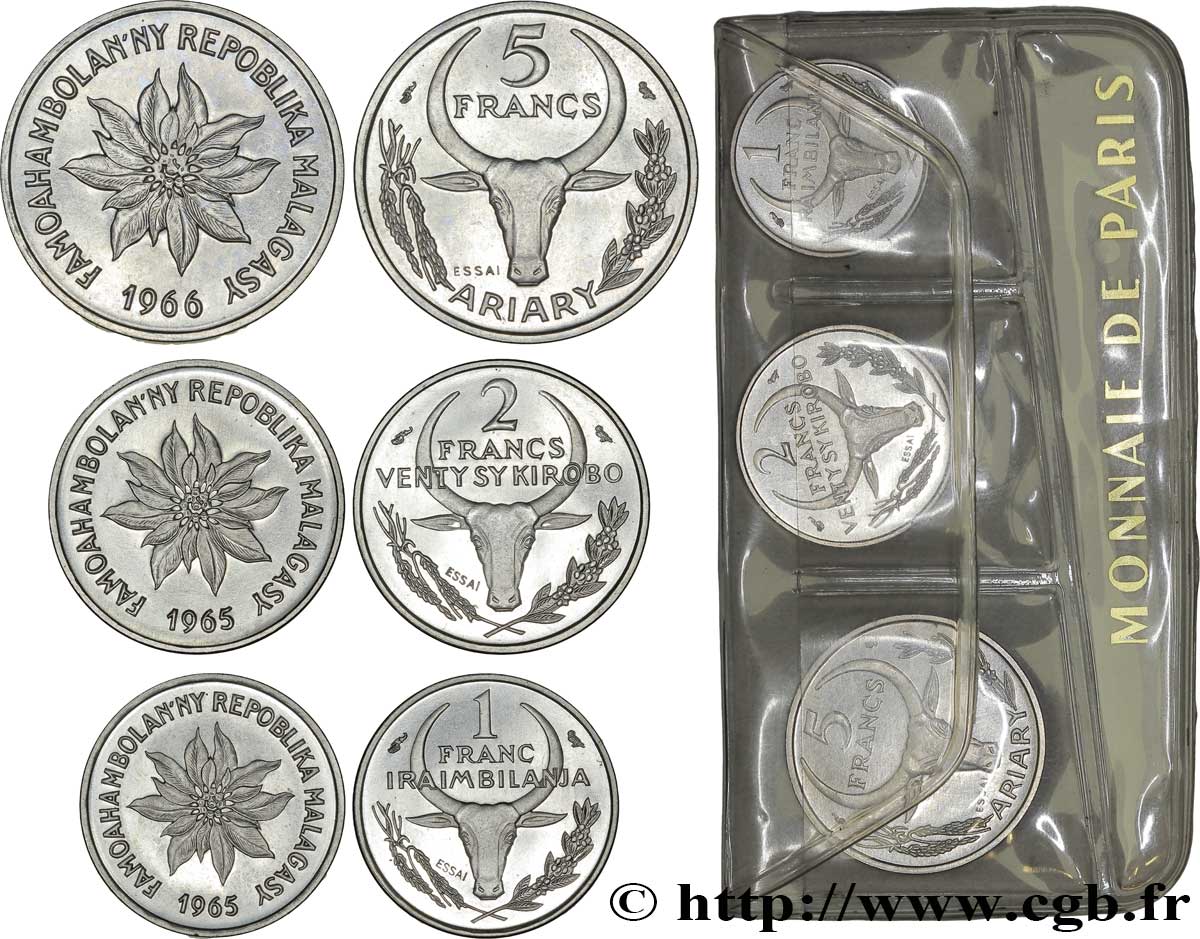 MADAGASCAR Essais de 5, 2 et 1 Francs 1965-1966 Paris MS70 
