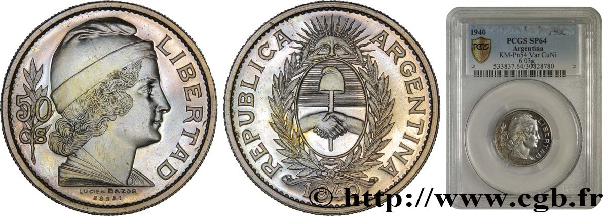 ARGENTINE - RÉPUBLIQUE ARGENTINE Essai de 50 Centavos Cupro-Nickel 1940 Paris SPL64 PCGS