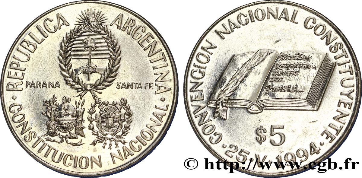 ARGENTINIEN 5 Pesos emblèmes / convention constituante du 25 mai 1994 1994  VZ 