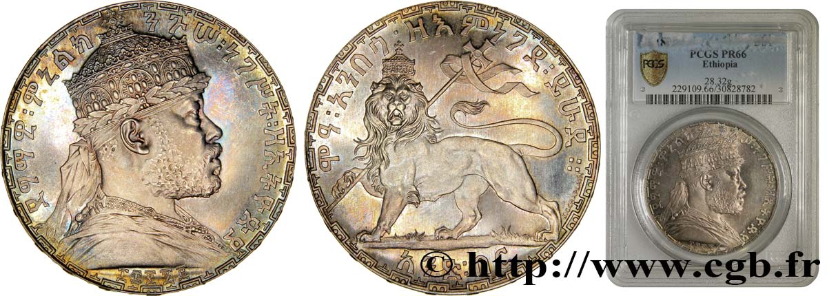 ÄTHIOPEN 1 Birr Proof Ménélik II / lion EE1895 1903 Paris ST66 PCGS