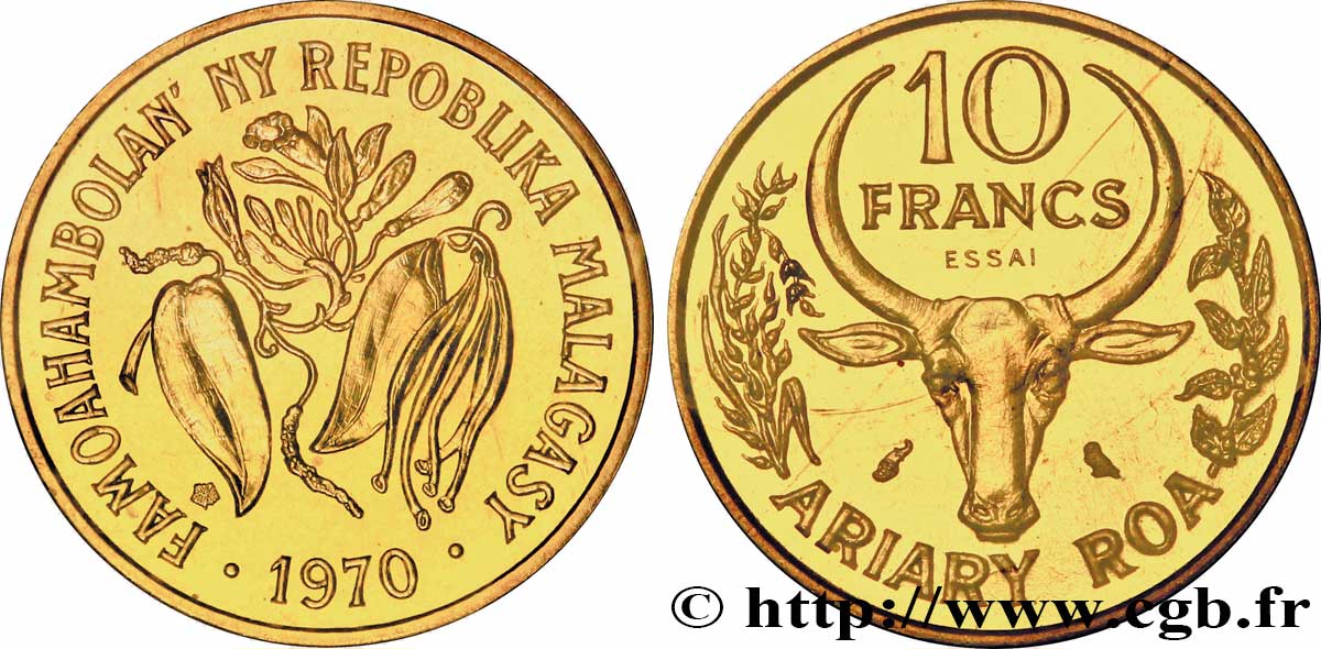 MADAGASKAR Essai de 10 Francs - 2 Ariary buffle / fleurs 1970 Paris ST70 