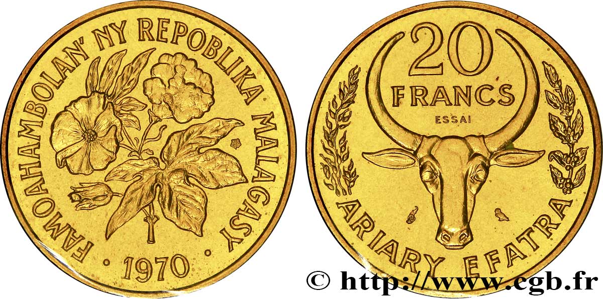 MADAGASKAR Essai de 20 Francs - 4 Ariary buffle / fleurs 1970 Paris ST70 