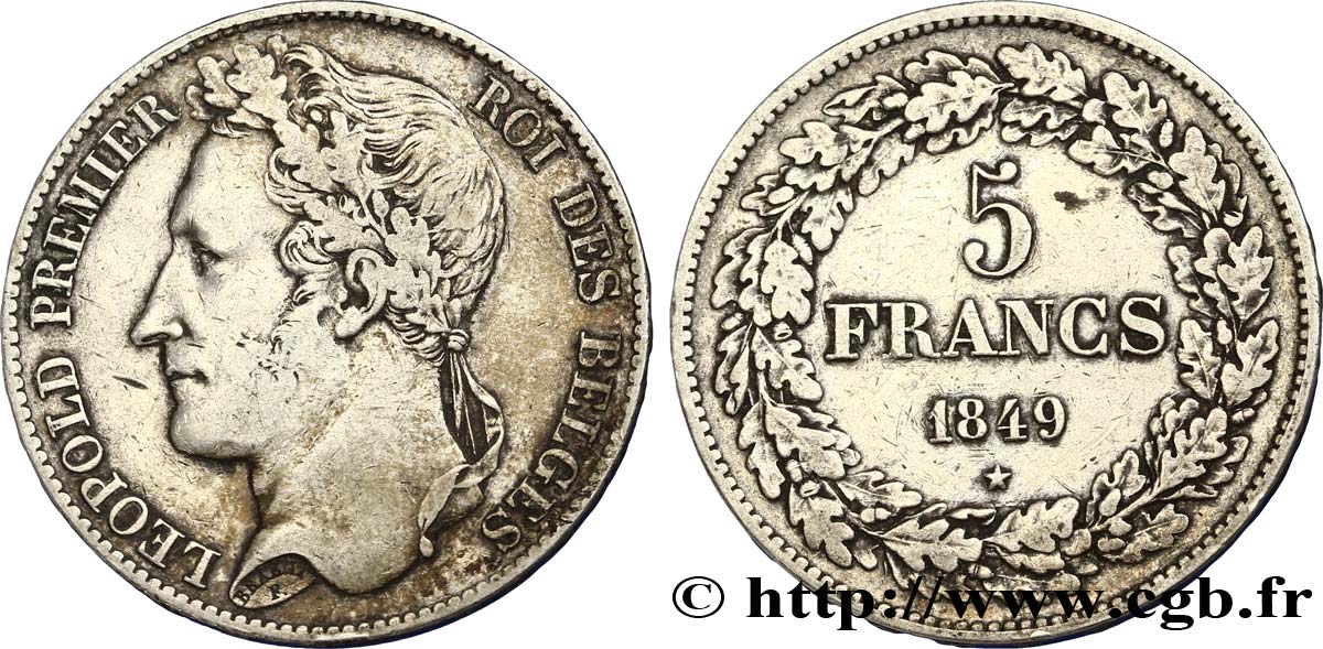 BELGIEN 5 Francs Léopold Ier tête laurée 1849  SS 
